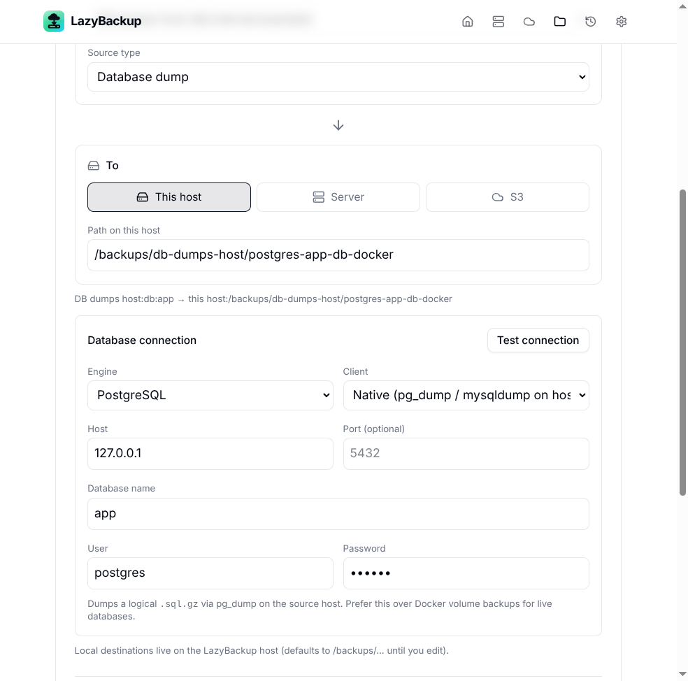 Database connection fields for PostgreSQL dump