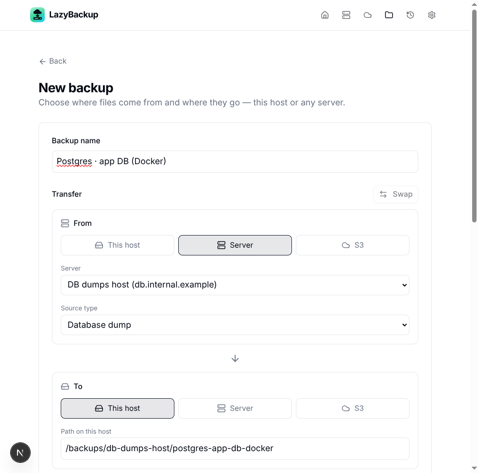 Database dump backup form — destination can be an S3 profile